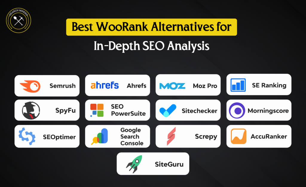 WooRank alternatives for SEO analysis including Semrush, Ahrefs, Moz, SE Ranking, SpyFu, and GSC tools