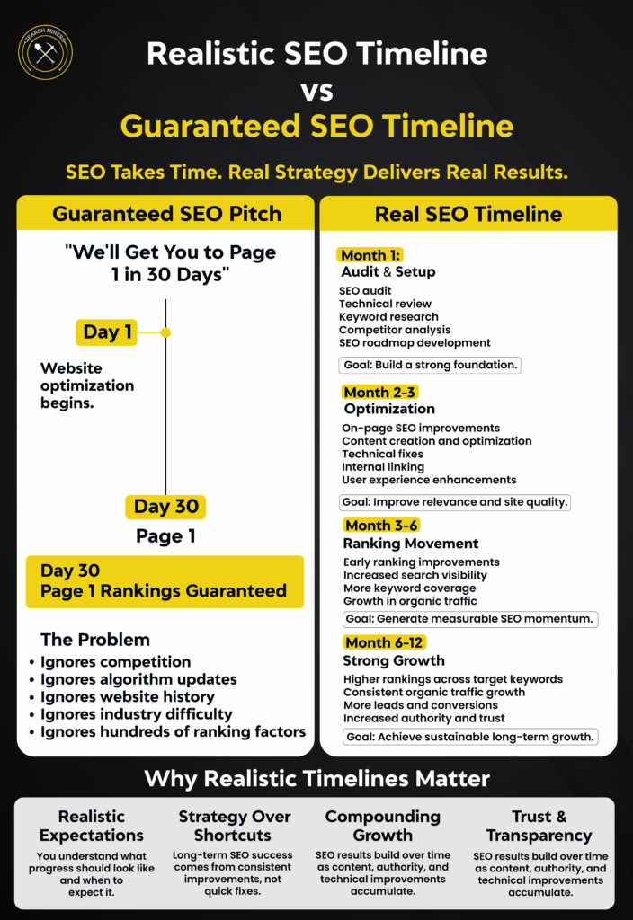 Infographic comparing a realistic SEO timeline with guaranteed SEO promises